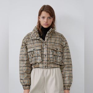 Zara Cropped Plaid Puffer Jacket